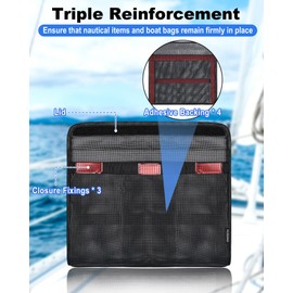 PLOZANO Closable Boat Storage Bag with Lid, Reflective Strong Adhesive PVC Boat Caddy Organizer Mesh Bag, Boat Storage Net for Gloves, Flashlight etc.13.4"x9.8"