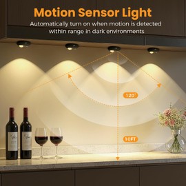 GLARESBOT LED Motion Sensor Puck Lights, 3 Color Temps Dimmable Black Cabinet Light, Wireless Rechargeable Battery Operated Puck Lights, USB Magnetic Closet Light for Drawer, Shelf (4 Pack)