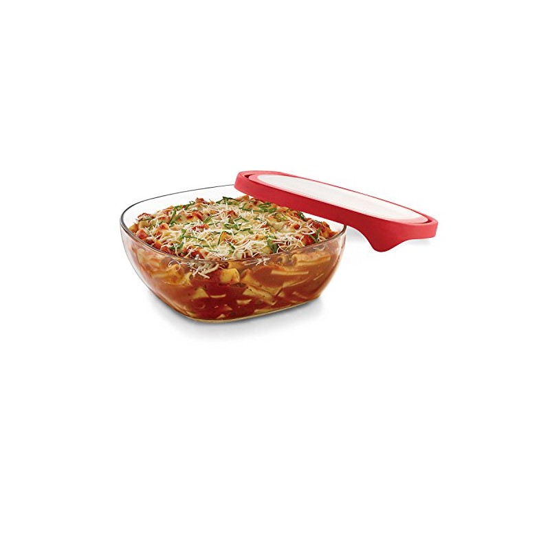 Libbey Serve It Square Glass Containers with Red Lids, 12.5-cup,