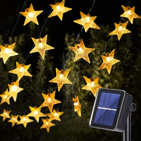 PACJOY Solar Star Twinkle String Lights, 23FT 50LED 8 Modes Solar Powered Fairy Decorative Light Waterproof Lights for Gardens, Lawn Patio, Indoor Decoration, Xmas, Wedding, Holiday (Warm White)