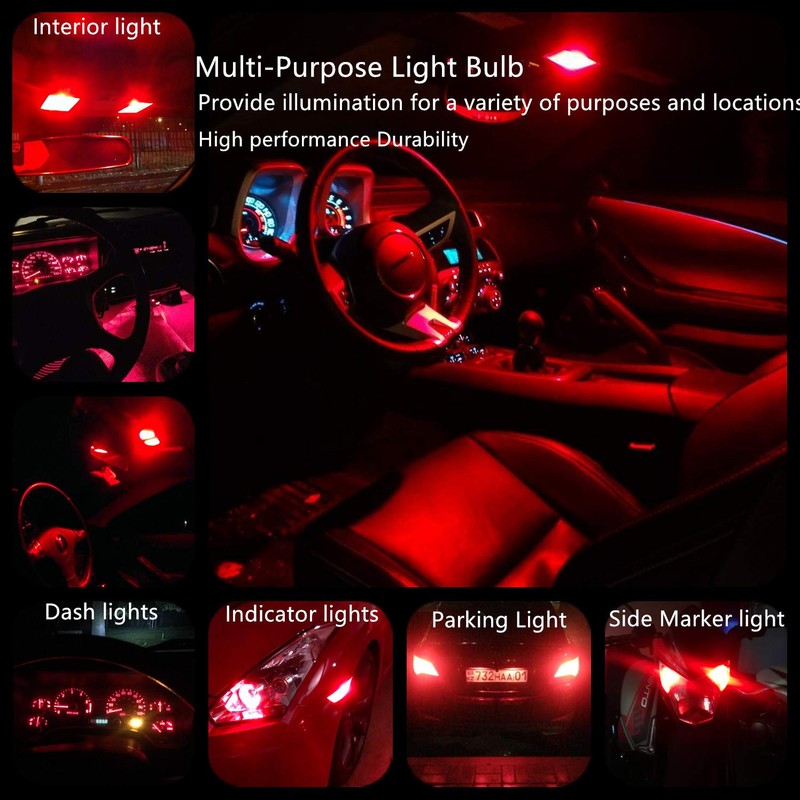 WLJH Red T10 Led Bulb Dash Lights Pc194 Pc195 Pc168