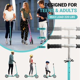 Scooter for Kids Ages 6+, Teens & Adults, Max Load 240 LBS, Foldable Kick Scooter with 8-inch Big Wheels, Kickstand, 3 Adjustable Levels, Rear Brake, Blue