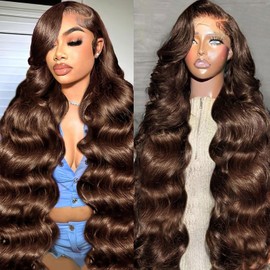 32 Inch Chocolate Brown Lace Front Wig Human Hair 13x6 Body Wave Lace Front Wigs Human Hair Pre Plucked 200 Density HD Lace Frontal Wigs Brown Colored Wigs Human Hair for Women with Baby Hair