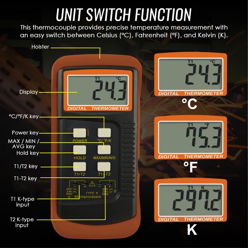 DANOPLUS Digital K Type Thermometer with 4 Thermocouples, Dual Channels