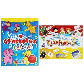 Kit Educativo de 2 Libros para Niños de 5 a 6 Años | Trazos, Conceptos y Colores Vol. 3 + Tareas papel y tijeras 3, Recorta y Pega con Tijeras | Grafomotricidad, Lectoescritura y Motricidad Fina