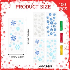 Jocomoni 100PCS Christmas Snowflake Cellophane Treat Bags, Clear Plastic Xmas Goodie Candy Bag Winter Snowflake Goody Snack Sweet Bags with Twist Ties for Christmas Party Favor Supply（4 Style）