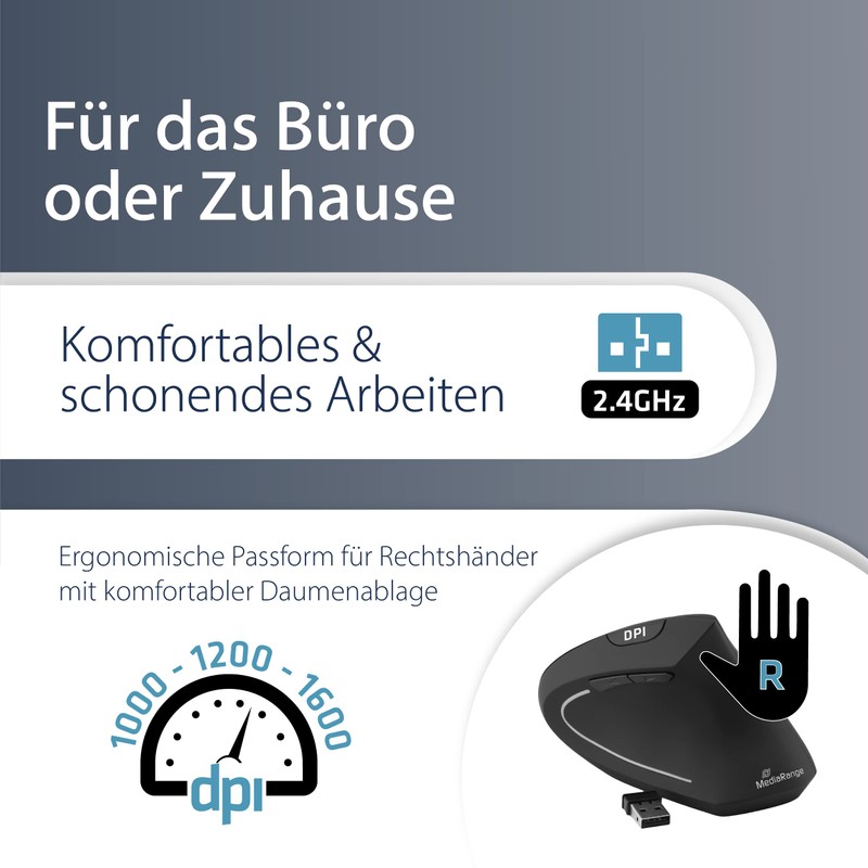 MediaRange ergonomische 6-Tasten Funk-Maus mit optischem Sensor für Rechtshänder, schwarz