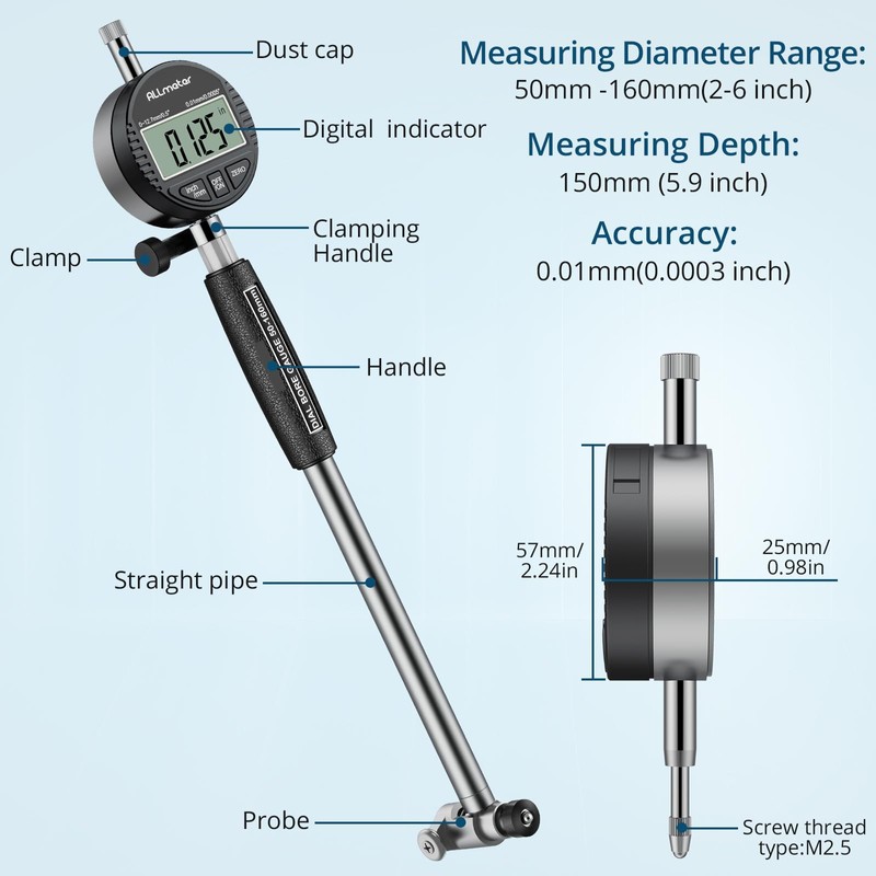 ALLmeter Digital Bore Gauge 50-160mm (2-6") - 0.01mm Precision Internal