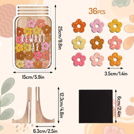 FYSUIMU 39 Pcs Boho Flower Wooden Reward Jar Pink Orange Glitter Flower Wood Cutouts with Magnet Back to School Positive Incentive Behavior Chart with Base for Student Teacher Management