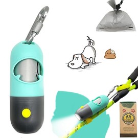 Dog Poop Bag Holder Dispenser with LED Flashlight - Night Visibility for Safe Evening Walks | Upgraded Hands-Free Leash Clip | Includes 15 Dog Waste Bags(Green)