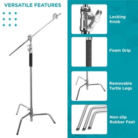 Flashpoint 10' C Light Stand on Turtle Base Kit with Two Tier Spring Loaded Riser Column, Two 3" GOBO Heads, Baby Pin and 40" Grip Arm, Chrome, a C Stand for Cinema and Still Studios