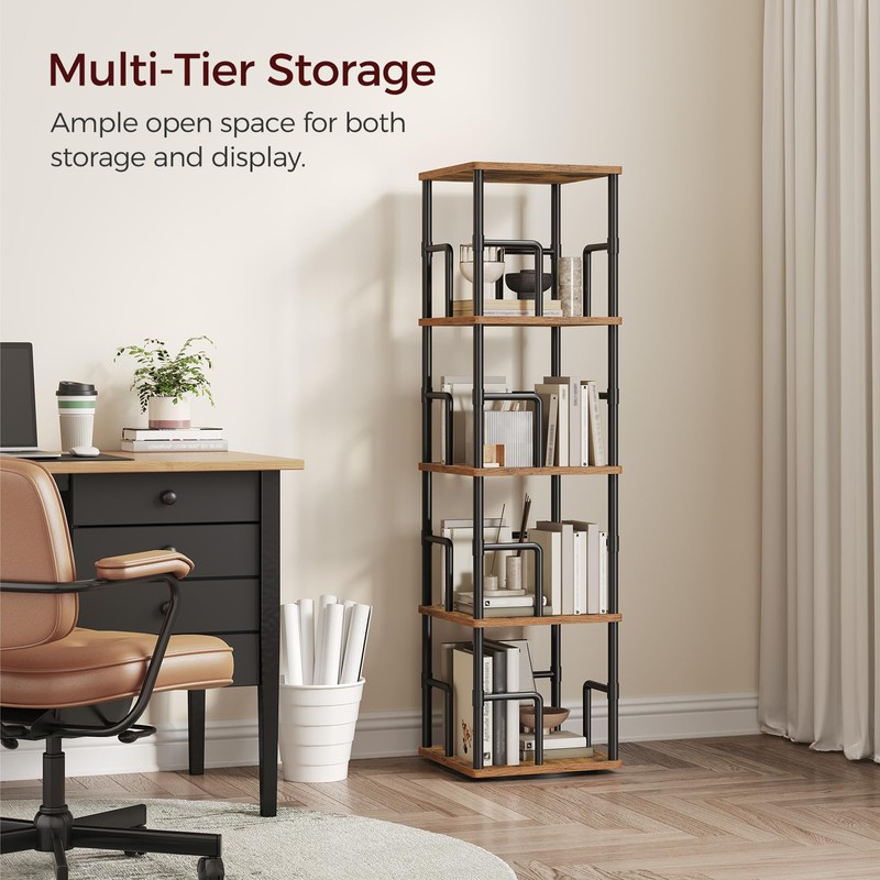 MAHANCRIS 4-Tier Rotating Bookshelf, Freestanding Corner Bookshelf, 360° Spinning Bookcase,