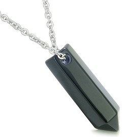 Amulet Lucky Crystal Point Wand Black Agate Gemstone Bullet Style Pendant 22 Inch Necklace