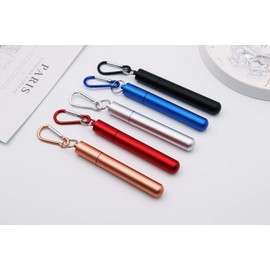 APIKA Telescopic Drinking Straws Reusable Portable Stainless Steel Drinking Straws with Cleaning Brush, Case and Carabiner Hook (Blue+Rainbow Straw)