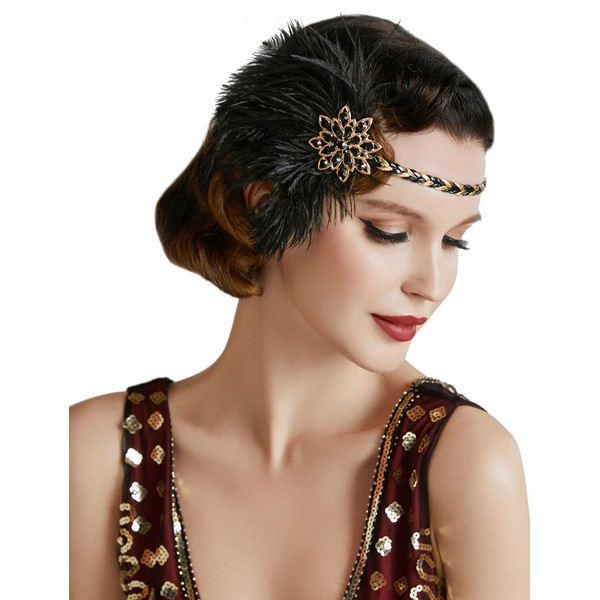 BABEYOND 1920s Vintage Headband Roaring 20s Flapper Headpiece with Feather 1920s Great Gatsby Costume Accesories (Black Gold)
