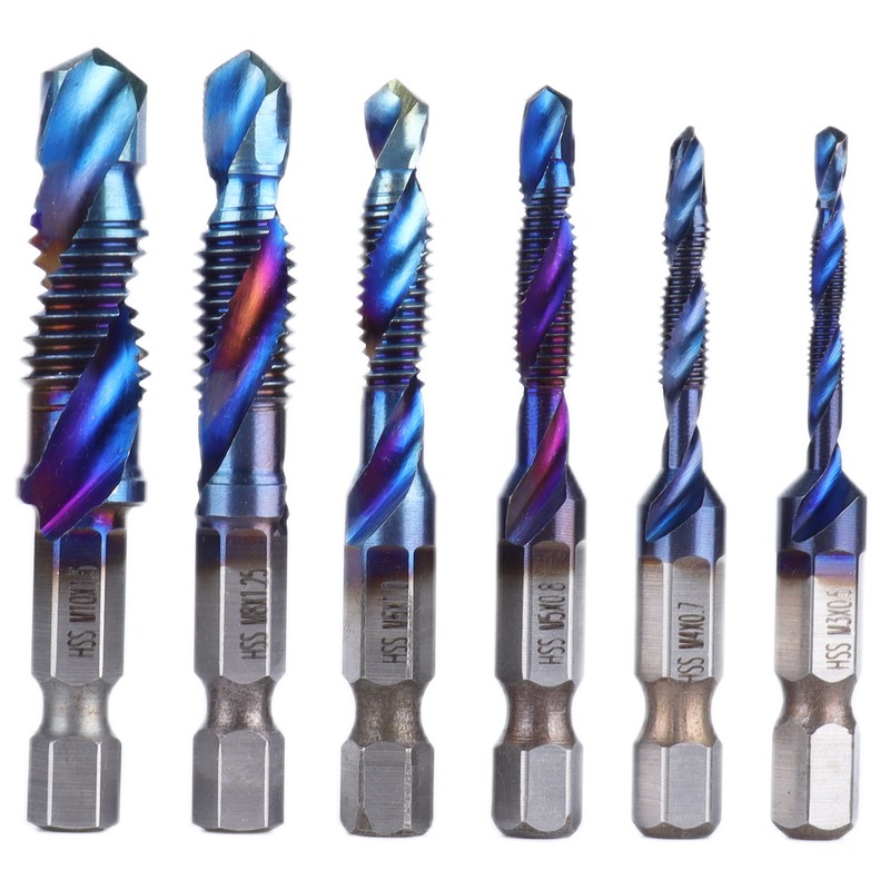 6pcs Spiral Tap Drill Bit Set Blue Plating Coating Hex