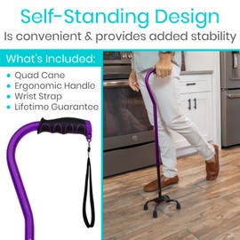 Vive Quad Cane - Walking Stick for Men and Women - Lightweight Adjustable Staff - Comfortable Right and Left Hand Grip for Stability Support - Four Prong Sturdy Aluminum Travel Aid - 4 Tip