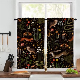 Fairy Rustic Forest Kitchen Curtains, Boho Cute Funny Gothic Mushrooms Woodland Wild Animals Kitchen Decorations Window Curtain Drapes, Soft Fabric Window Treatment Sets 2 Panels, 28''W x 36''L