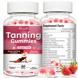 Sugar Free Tanning Gummies for Women, Supports Radiant Tan & Healthy Skin, Extra Strength with Astaxanthin Lycopene Beta Carotene and Vitamins - Supports Faster Tanning, Strawberry Flavored, 60 Count