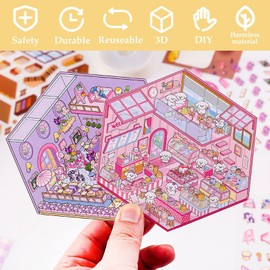 DIY 3D House Sticker, 6 Sets of Sticker Make Your Own Mini Shop Scenes Stickers for Kids Kawaii Cartoon Scene Stickers for Adult Relief Stress Pass The Time Easter Basket Essentials