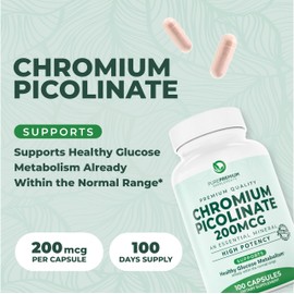 PurePremium Chromium Picolinate 200mcg - High Potency Chromium Supplements - Essential Mineral Health Support for Men/Women - Gluten-Free - 3 Months Supply - 100 Capsules