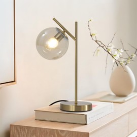 Fulesi Mid Century Modern Table Lamp Gold Globe Nightstand Lamp with Cognacs Glass lampshade Metal Brass Desk Lamp for Bedroom Living Room Study Room