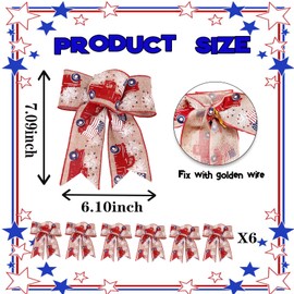 6 Pieces 6" × 7" Labor Day Bows for Wreath, American Flag Truck Wreath Bows Natural Burlap Patriotic Wreath Decoration for Veteran's Day Christmas Front Door Trees Decorations
