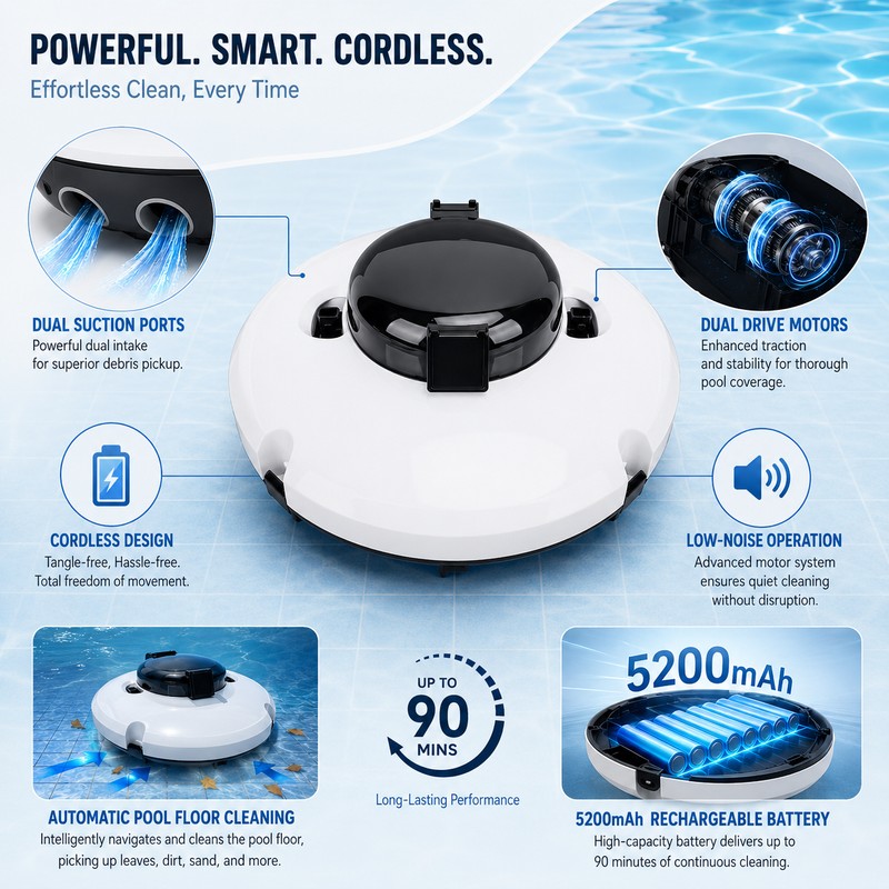Cordless Robotic Pool Vacuum for Automatic Cleaning – Dual-Motor Smart