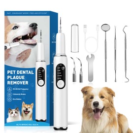 Dog Teeth Cleaning Kit Dog Plaque and Tartar Remover with LED Light 5 Adjustable Modes Electric Toothbrush Pet Teeth Cleaner for Dogs and Cats (White)