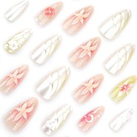 Flower Press on Nails Medium Almond Fake Nails Floral False Nails Gradient Pink Glue on Nails with Designs 3D Pear Stick on Nails Glossy Full Cover Acrylic Nails for Women Girls Manicure 24 Pcs