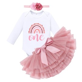 FYMNSI Baby Girl Boho Rainbow 1st / 2nd Birthday Outfit, Short Sleeve Romper, Tutu, Skirt, Headband, 3-Piece Party Clothing Set
