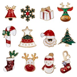 JewelryWe 12 Pcs Christmas Enamel Brooch Pin Brooch Pin Gift for Christmas, Alloy + rhinestone + oil