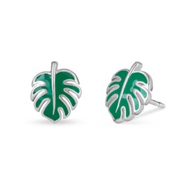 Boma Jewelry Sterling Silver Monstera Leaf Stud Earrings with Hand Painted Green Enamel
