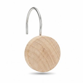 Natural Wood Material Shower Curtain Hooks - Modern Round Vintage Natural Wood Volor Decorative Stainless Steel Shower Rings Hangers for Mother Daughter Sister Friends Bathroom Accessories