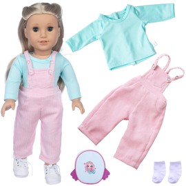 Pack of 4 Clothing Outfits for 14 16 17 Inch Baby Dolls Doll Clothes 36-43 cm Includes 1 Long Sleeve 1 Pair Cord Dungarees 1 Pair Socks 1 Mermaid Backpack Birthday Gift for Children