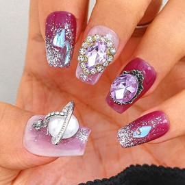 Sethexy Purple Rhinestone Handmade Artificial Nail 3D Crystal Medium Coffin False Nails Aurora Sparkle Press on Nails Salon Quality Matallic for Women and Girls (E)