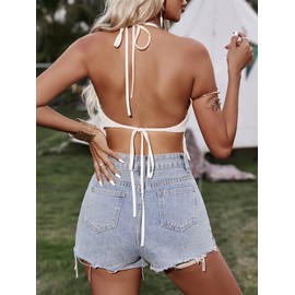 SHENHE Women's Sexy Fringe Top Crochet Halter Hippie Crop Tops Tassel Backless Asymmetrical Festival Bandana Beige S