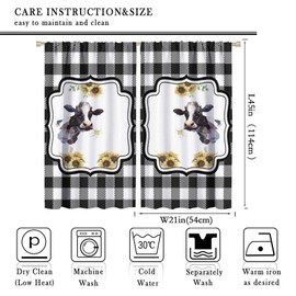 Farmhouse Cow Blackout Curtains, Sunflower Farm Animal Cow Black and White Buffalo Plaid Home Decor, for Bedroom Living Room, 2 Panel Set, 42x45 in.