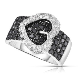 Venus Statement Ring - 0.75 Carat Black & White Diamonds Buckle Ring 925 Sterling Silver, Size 7, Hypoallergenic