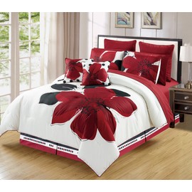 Grand Linen 12 - Piece Burgundy Red Black White Floral Bed-in-a-Bag (Double) Full Size Bedding + Sheets + Accent Pillows Comforter Set