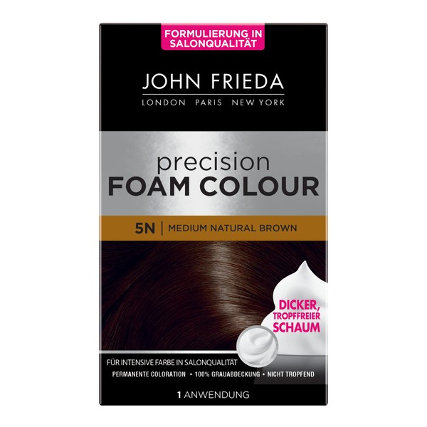 John Frieda Precision Foam Colour - Pack of 2 - Colour: 5N Medium Natural Brown - Medium Brown - Permanent Colouration in Foam Form - Perfect, Even Coverage - For 1 Application Each