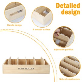 Yomjarl Bamboo Kitchen Pantry Lid Holder compartment storage box with 5 Adjustable Dividers detachable partition for Cabinets,kitchen countertop, dish storage