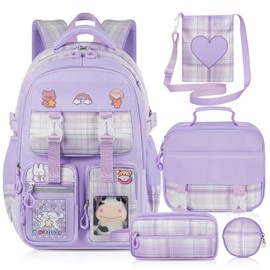 Aomutrsn Girls School Backpack with Lunch Box, 5pc Cute Purple Kawaii Bookbag for Kids Teens, Aesthetic Elementary Backpack