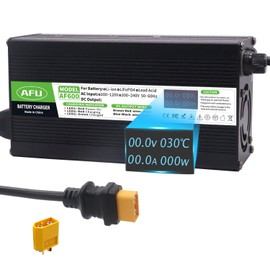 AFU 54.6V 10A Charger 13S 48V Li-ion Battery Charger with OLED Charging Display for Lipo/LiMn2O4/LiCoO2 Battery Charger Black Aluminum Case Safe and Durable (XT60 Male Plug)