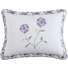 Beatrice Home Fashions Carnation Floral Embroidered Quilted Pillow Sham, Lightweight, All-Seasons, Standard Sham, Lavender 20" x 26"