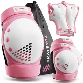 SKATEWIZ Knee and Elbow Pads for Children - Knee Pads Kids Kids Knee and Elbow Pads - SMASH - Size M/L Pink White - Elbow and Knee Pads Kids Kids Knee Pads - Scooter Knee Pads Skate Pads