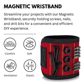 Magnetic Wristband For Holding Screw - With Strong Magnets, Made From Magnetic Polyester With Lightweight Powerful Magnets, Perfect Tool Birthday Gift For Men (Red)