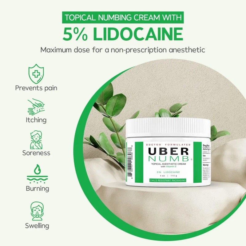 Uber Numb 5% Lidocaína Tópica, Crema Anestésica 4oz