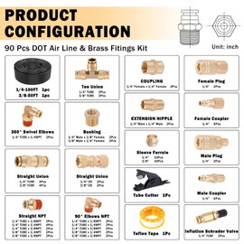 CheeMuii 86 PCS Brass DOT Air Line Fittings with 100FT 1/4" and 50FT 3/8" DOT Air Line Kit Push Lock Air Fitting Quick Connect & NPT Thread Fittings with Pneumatic Tubing