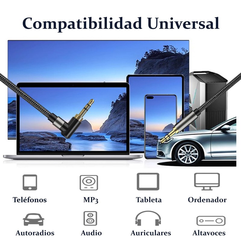 2PCS Cable Auxiliar 3.5mm,Cable Audio Estéreo con Conector de 90º,1.5M